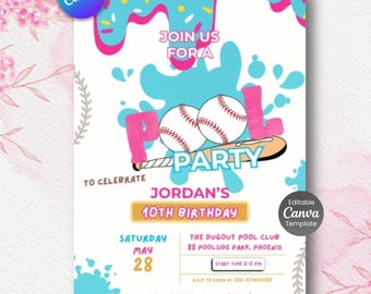 Baseball Pool Party Invitation, Summer Birthday, Canva Template (Digital Download)