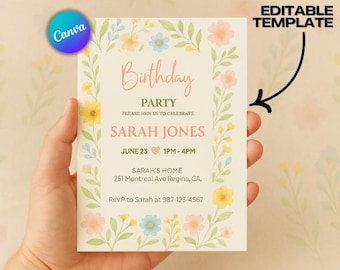 Wildflower First Birthday Invitation: Editable Canva Template (Digital Download