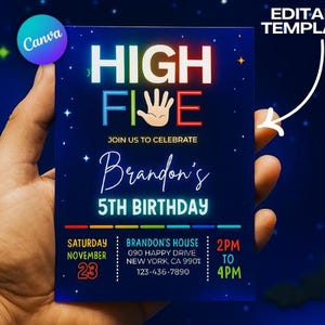 May include: A navy blue birthday invitation with the words "HIGH FIVE" in neon colors and a hand graphic. The invitation says "Join us to celebrate Brandon's 5th Birthday" with event details. The Canva logo is in the upper left corner.