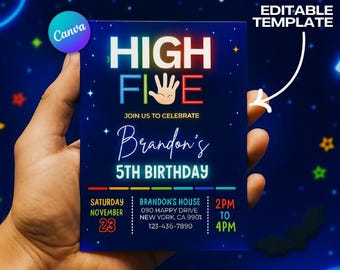 Neon High Five 5th Birthday Invitation: Editable Canva Template (Digital Download 5x7 in.)