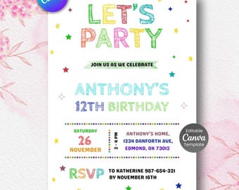 Simple Colorful Birthday Invite, Bright and cheerful party, Invitations, Editable Template, Printable Invitation, Download