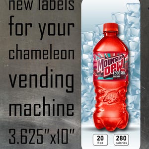 May include: A rectangular vending machine label measuring 3.625 inches by 10 inches, featuring a red Mountain Dew Code Red bottle against an ice background. The text reads: new labels for your chameleon vending machine, 20 fl oz, and 280 calories.