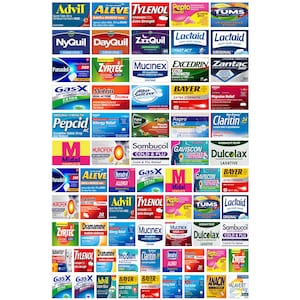 Può includere: Una griglia di scatole di medicinali da banco, tra cui Advil, Aleve e Tylenol. Le scatole, di vari colori e dimensioni, mostrano nomi e marchi di prodotti. L'immagine presenta una gamma di farmaci comuni.
