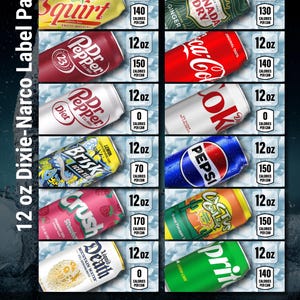 Puede incluir: Un conjunto de etiquetas Dixie-Narco de 12 oz para latas de refresco, que miden 8,26 cm por 3,48 cm. El set incluye varias marcas de bebidas como Squirt, Canada Dry, Dr Pepper, Coca-Cola, Diet Dr Pepper, Diet Coke, Brisk, Pepsi, Crush, Cactus Cooler, Liquid Death y Sprite.