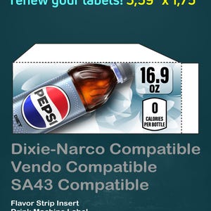 Puede incluir: Un diseño de etiqueta para una botella de Diet Pepsi, con el texto "renew your labels! 9,12cm x 4,45cm". La etiqueta incluye el logotipo de Pepsi y detalles sobre el contenido de la botella, incluyendo 16,9 oz y 0 calorías. También enumera la compatibilidad con Dixie-Narco, Vendo y SA43.