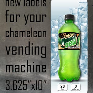 May include: A rectangular label for a vending machine measuring 3.625 inches by 10 inches. The label features a bright green bottle of Dirty Mountain Dew Cream Soda with a black cap, set against a background of ice cubes, with 20 fl oz and 0 calories text.