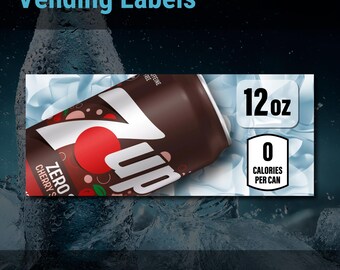 7UP Cherry Zero 355 ml, Dixie-Narco SA43 etikettinsats för varuautomater – 8,25 x 3,3 cm