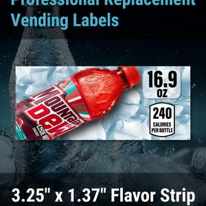 May include: A rectangular vending machine flavor strip measuring 3.25 inches by 1.37 inches, featuring a red Mountain Dew Code Red bottle, the text 16.9 OZ, and 240 calories per bottle, set against a background of blue ice cubes.