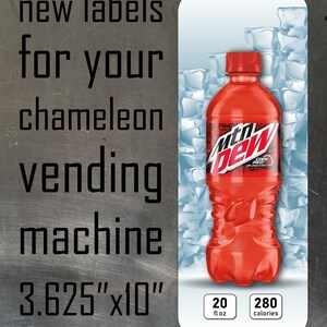 May include: A rectangular vending machine label measuring 3.625 inches by 10 inches, featuring a red Mtn Dew Code Red bottle against an ice cube background. The text reads: new labels for your chameleon vending machine, 20 fl oz, and 280 calories.
