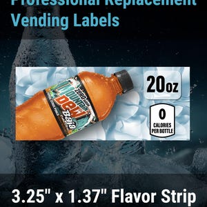May include: Professional Replacement Vending Labels featuring a 3.25 inch by 1.37 inch flavor strip for a 20 oz Mountain Dew Baja Zero Sugar bottle. The label displays the drink name, tropical citrus punch flavor, and 0 calories per bottle text.