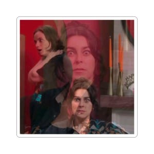 May include: A sticker featuring a layered image of a woman with a surprised expression. The background is a red wall with a glimpse of a shelf holding candles. The woman's face is repeated multiple times, creating a sense of movement and emphasis.