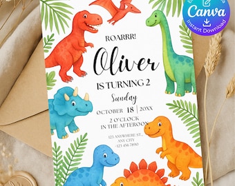 Dinosaur Birthday Invitation | Editable Canva Template – Colorful Dino Party Kids Invite (PDF Download)