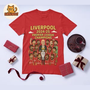Liverpool 20 Premier League Champion T-Shirt | Cartoon Arne Slot & Team Art | 2024-25 Liverpool Champions Graphic Tee | Reds Victory Poster