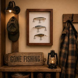 May include: A framed display containing three fishing lures with treble hooks, a wooden sign with the text GONE FISHING, a dark metal lantern, a green cap, a plaid shirt, and a fishing net hanging on a wooden wall with a wall-mounted lamp.