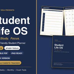 Könnte beinhalten: Ein digitaler Studentenplaner mit dem Titel Student Life OS auf dunkelblauem Hintergrund mit goldenen Akzenten. Das Layout umfasst einen Wochenplaner, einen 30-Tage-Prüfungs-Countdown und ein Deckblatt. Text beinhaltet Plan. Study. Focus. und ADHD-Friendly Student Planner.