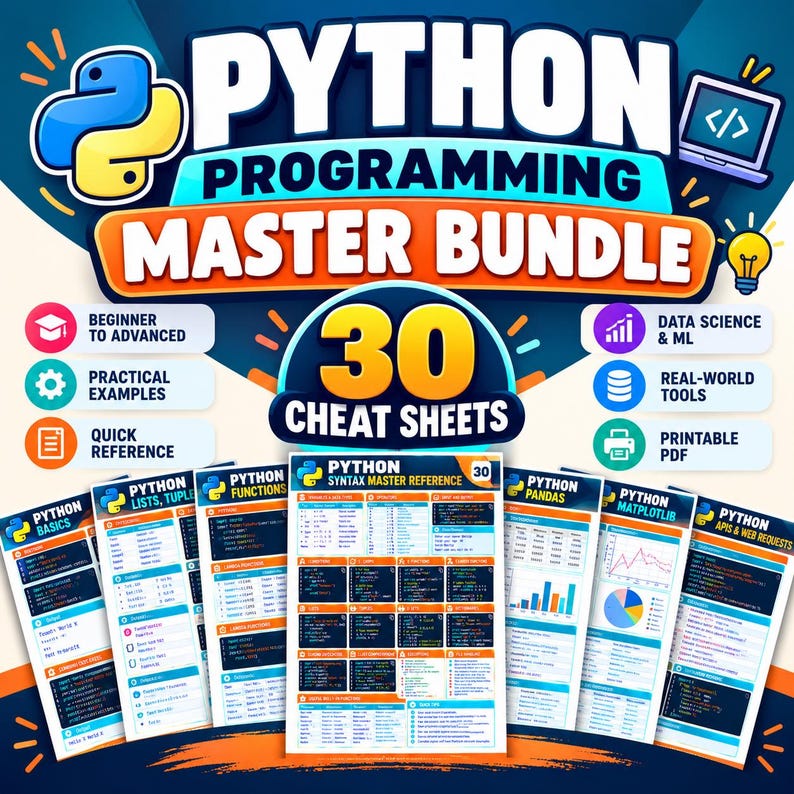 Python Programming Cheat Sheet Bundle, 30 Printable Coding Reference ...