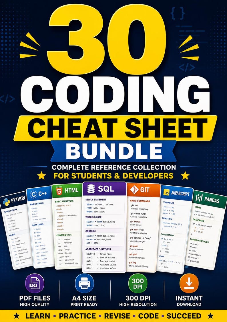 30 Coding Cheat Sheets Bundle: Programming Reference Posters (Digital Download) image 1