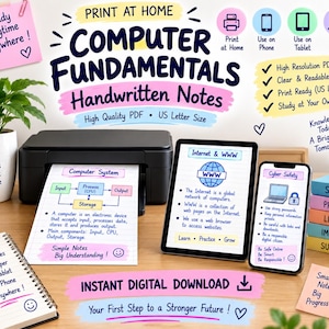 May include: A digital download of Computer Fundamentals handwritten notes featuring educational diagrams and text on a printer, tablet, and smartphone. The notes cover topics like the computer system, internet, and cyber safety in a clear, colorful format.