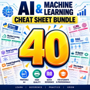 May include: A digital bundle of 40 AI and Machine Learning cheat sheets featuring topics like Python, LLMs, RAG, AI Agents, and Data Analysis. The graphic includes icons for PDF, high quality, quick reference, and students and professionals.