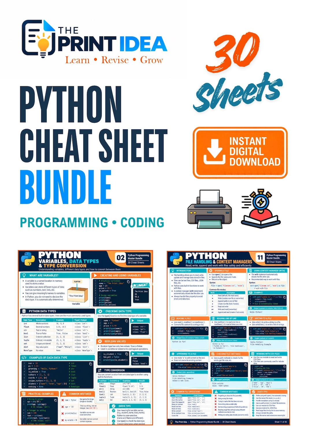 Python Programming Cheat Sheet Bundle, 30 Printable Coding Reference ...
