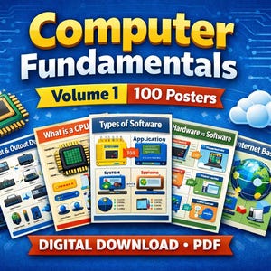 May include: A vibrant graphic promoting "Computer Fundamentals Volume 1" with 100 posters. The image features colorful illustrations of computer components and software concepts, including "What is a CPU" and "Types of Software." The text "DIGITAL DOWNLOAD • PDF" is also visible.