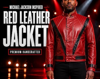 Chaqueta de cuero roja para hombre, disfraz de estrella del pop de los 80, chaqueta de motorista negra con panel en V, atuendo hecho a mano para conciertos y Halloween.