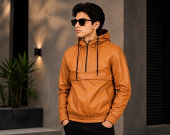 Herren Kunstleder Hoodie Jacke Braun | Kapuzen Leder Pullover | Lässiger Streetwear Mantel | Geschenk für Ihn
