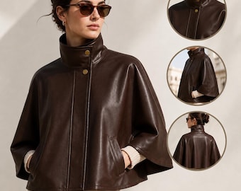 Giacca a mantella da donna in pelle marrone / Cappotto a mantella in pelle a collo alto / Poncho in pelle corto e oversize / Capospalla autunnale fatto a mano