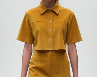 Mustard Suede Set Women Cropped Button Shirt High Waist Shorts Set Minimalist Matching Outfit Summer Two Piece Set