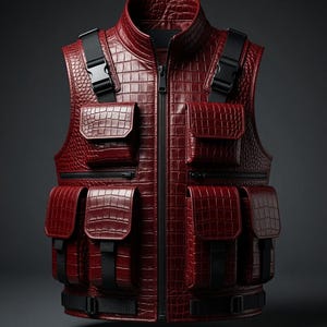 May include: A deep red sleeveless vest featuring a textured crocodile skin pattern. The garment includes a central zip closure, a high collar, and multiple utility pockets with flap closures. Black nylon straps and plastic buckles are attached.