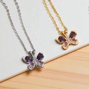 Cute Butterfly Necklace for Women – Purple Crystal Zircon Pendant, Stainless Steel Aesthetic Choker, Party & Daily Collar Jewelry