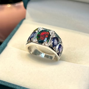 Anillo de ópalo negro natural, piedra lateral zafiro azul de Montana, joyería de ópalo de fuego, regalo para hombres, hecho a mano, plata de ley 925, tú y yo.