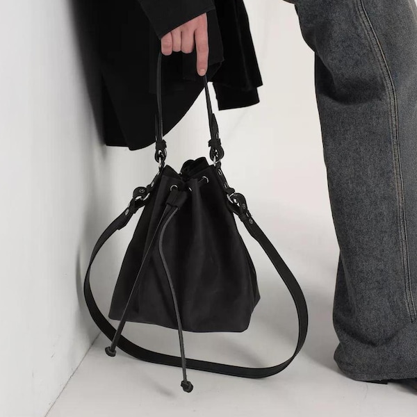 Leder Kordelzug Handtasche, Leder Beuteltasche Frauen, Schulter Kordelzug, Leder Schulter Eimer Taschen, Kordelzug Leder Beuteltasche