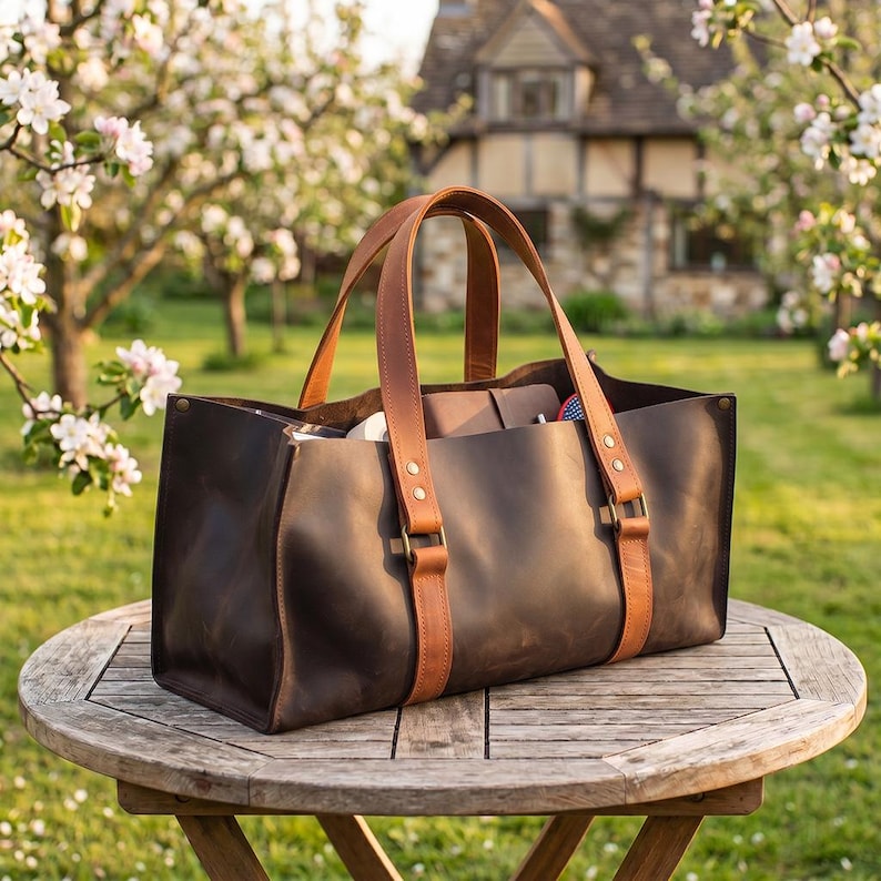 Close-up lifestyle photo of leather garden tool bag filled with pruners, hammer, brush and hand tools for daily use