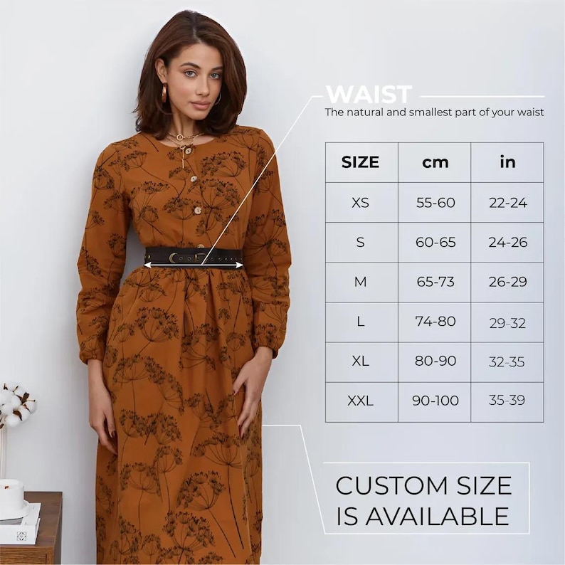 May include: A woman in a long-sleeved, button-down dress with a floral pattern and a black belt. The dress is a warm brown colour. A size chart shows waist measurements in cm and inches. Text reads "CUSTOM SIZE IS AVAILABLE."