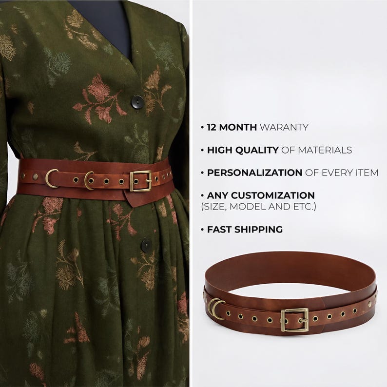 May include: A brown leather belt with a brass buckle and rivets. The belt is shown on a dress form and also displayed separately. The image includes text about the product's features, including a 12-month warranty and high-quality materials.