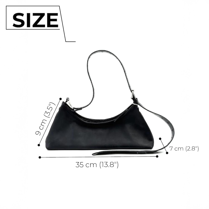 May include: Black shoulder bag with a curved design. The bag is 13.8 inches long, 3.5 inches high, and 2.8 inches wide. The image includes the word "SIZE".
