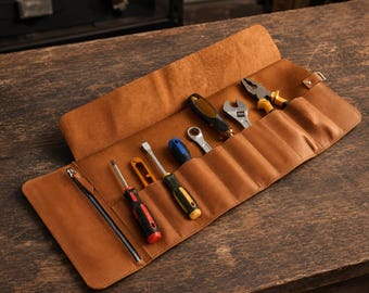 Personalized Full Grain Leather Tool Roll, 11 Slot Wrench Organizer for Car, Motorcycle, Garage, Workshop, Custom Tool Bag and Mechanic Gift