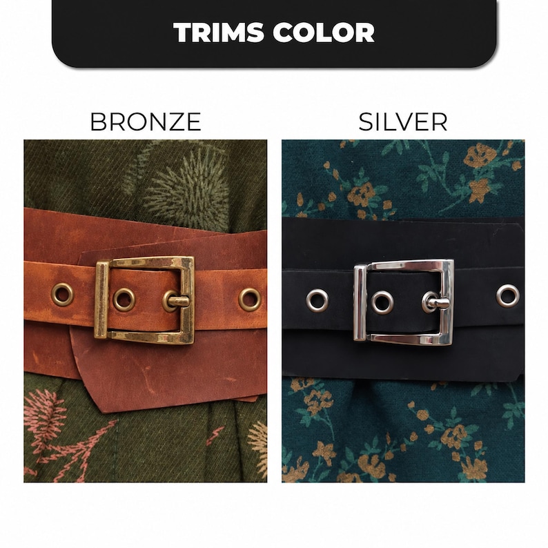May include: Image showing two belts with different buckle colors. The left belt is brown leather with a bronze buckle. The right belt is black leather with a silver buckle. The text at the top says "TRIMS COLOR".
