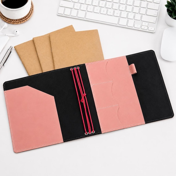 A trifold A5 leather travelers notebook cover with custom monogram — a compact, tactile piece of craft for the analog-first writer.