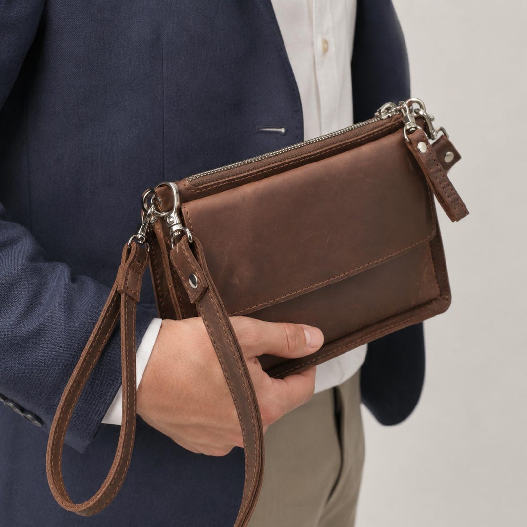 Leather Crossbody Clutch Bag for Men, Small Crazy Horse Leather Phone ...