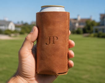 Custom Leather Can Holder, Personalized Beer Can Cooler Sleeve, Monogram Drink Holder, Father's Day Gift for Dad,Engraved Leather Can Cooler