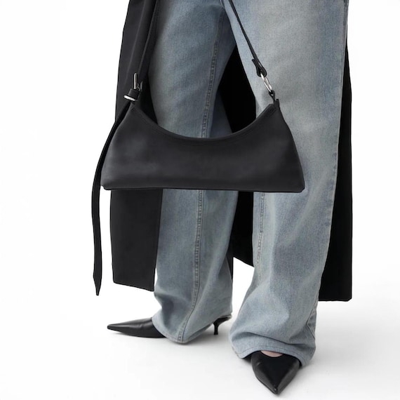 Womens leather shoulder bag small, Leather baguette bag, Shoulder bag with zipper, Handmade leather shoulder bag, Stylish leather bag