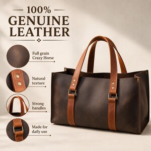 Infographic Photo — Leather Quality
100% GENUINE LEATHER 
Full grain Crazy Horse 
Natural texture 
Strong handles 
Made for daily use