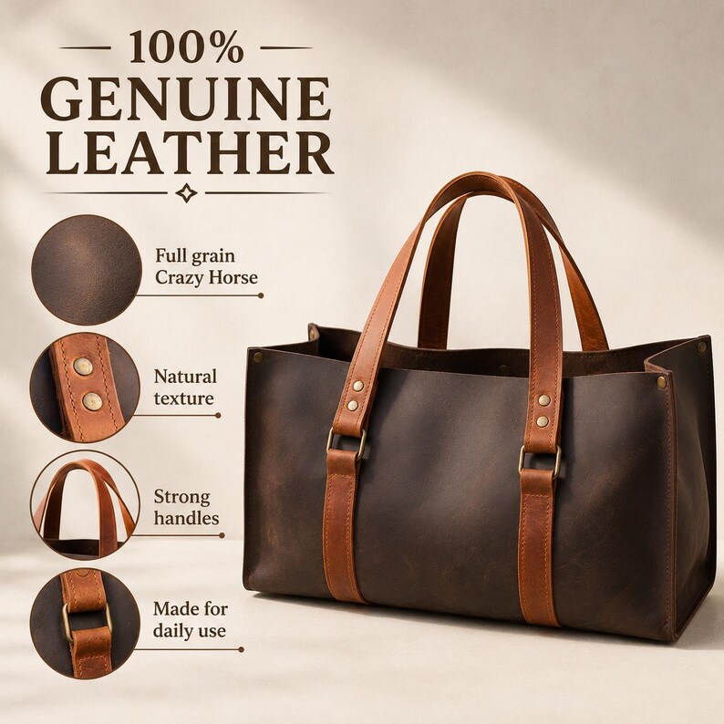 Infographic Photo — Leather Quality
100% GENUINE LEATHER 
Full grain Crazy Horse 
Natural texture 
Strong handles 
Made for daily use