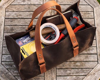 Large Leather Tool Bag, Garden Tool Bag, Leather Tool Tote, Personalized Heavy Duty Tool Holder, Tool Organizer for Gardening Garage and DIY