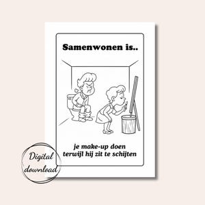 Grappig zwart-wit cartoon kaartje voor een stel dat gaat samenwonen