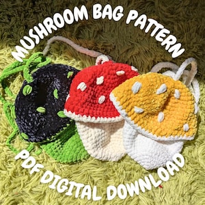 May include: A collection of handmade mushroom-shaped bags in black, red, and yellow, with white spots and straps. The bags are displayed on a green, textured surface. Text on the image reads "MUSHROOM BAG PATTERN" and "PDF DIGITAL DOWNLOAD."