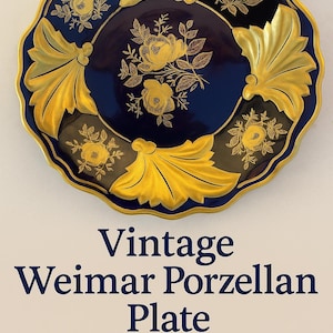 Può includere: Piatto Vintage Weimar Porzellan, blu cobalto e oro, con un motivo floreale. Il piatto misura 19 cm di diametro. Il piatto ha un bordo smerlato ed è etichettato "Jutta".