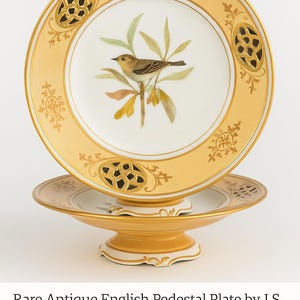 Puede incluir: Plato pedestal inglés antiguo con un diseño de pájaro pintado a mano. El plato, de aproximadamente 23 cm de diámetro, presenta un borde perforado y detalles dorados. El plato está sobre una base de pedestal.